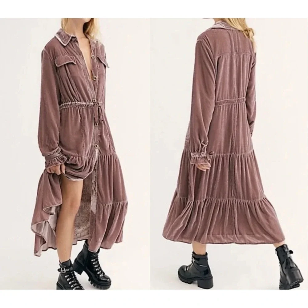 NWT Free People Bella Donna Maxi Duster Coat Mauve Velvet Tiered Pockets Small